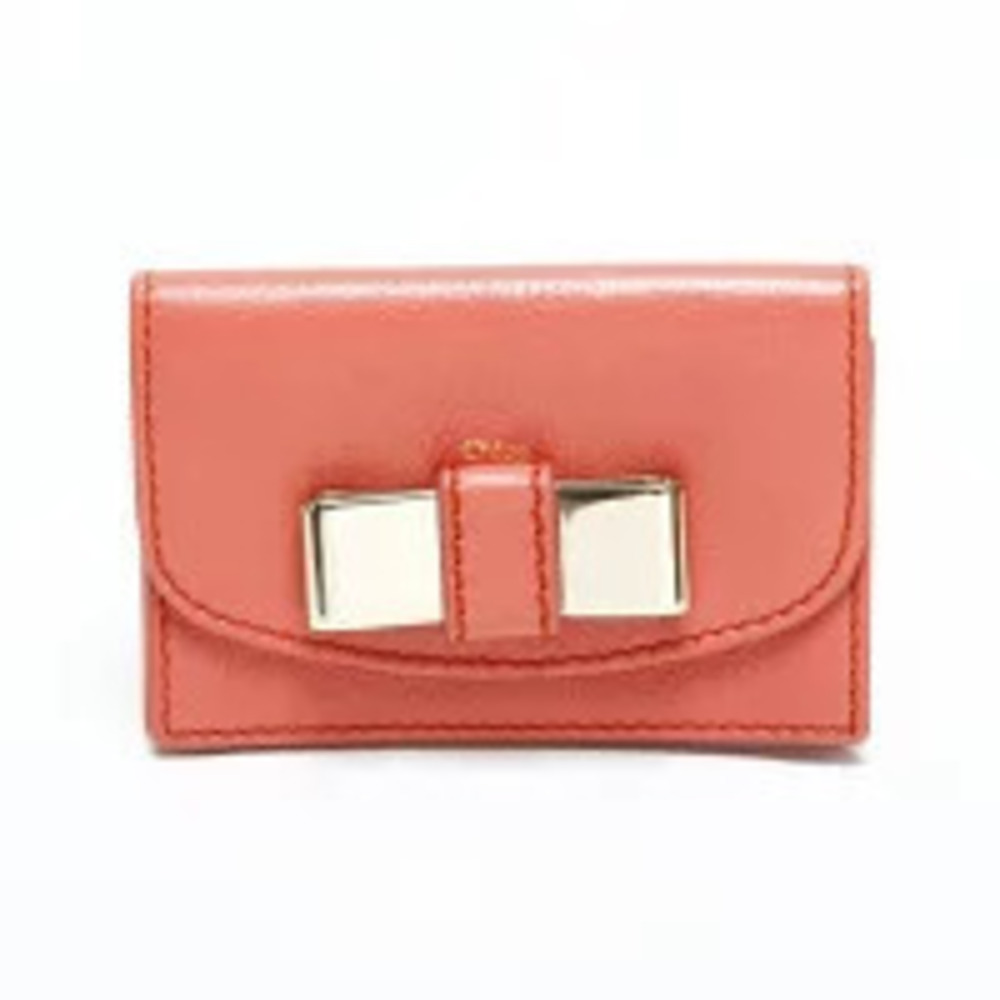Chloe Leather Ribbon Card Case Wallet Pink